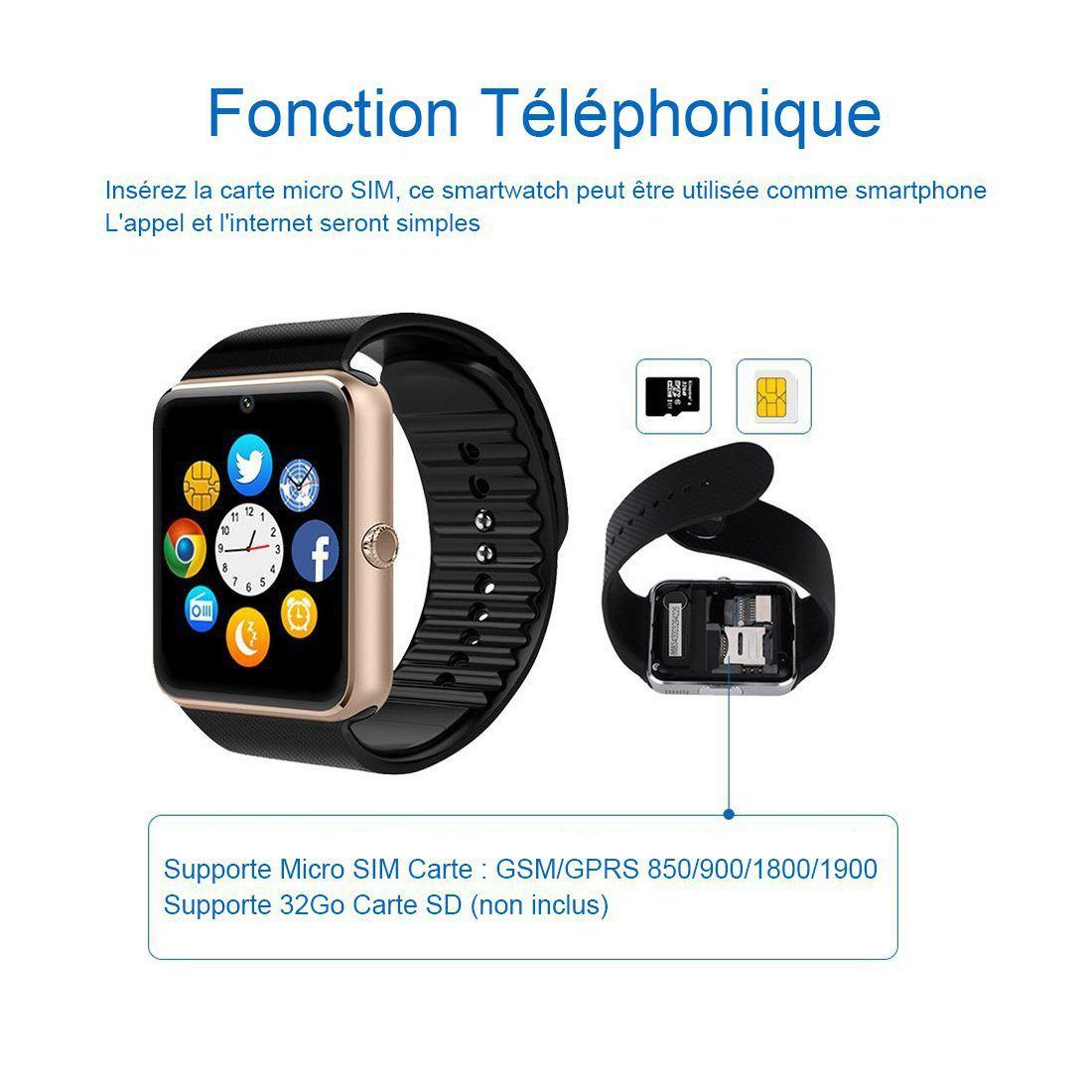 PADGENE Montre Connect e Smartwatch Bluetooth avec Slot SIM Cam ra Podom tre pour Android Fonctions Complets Samsung HTC L